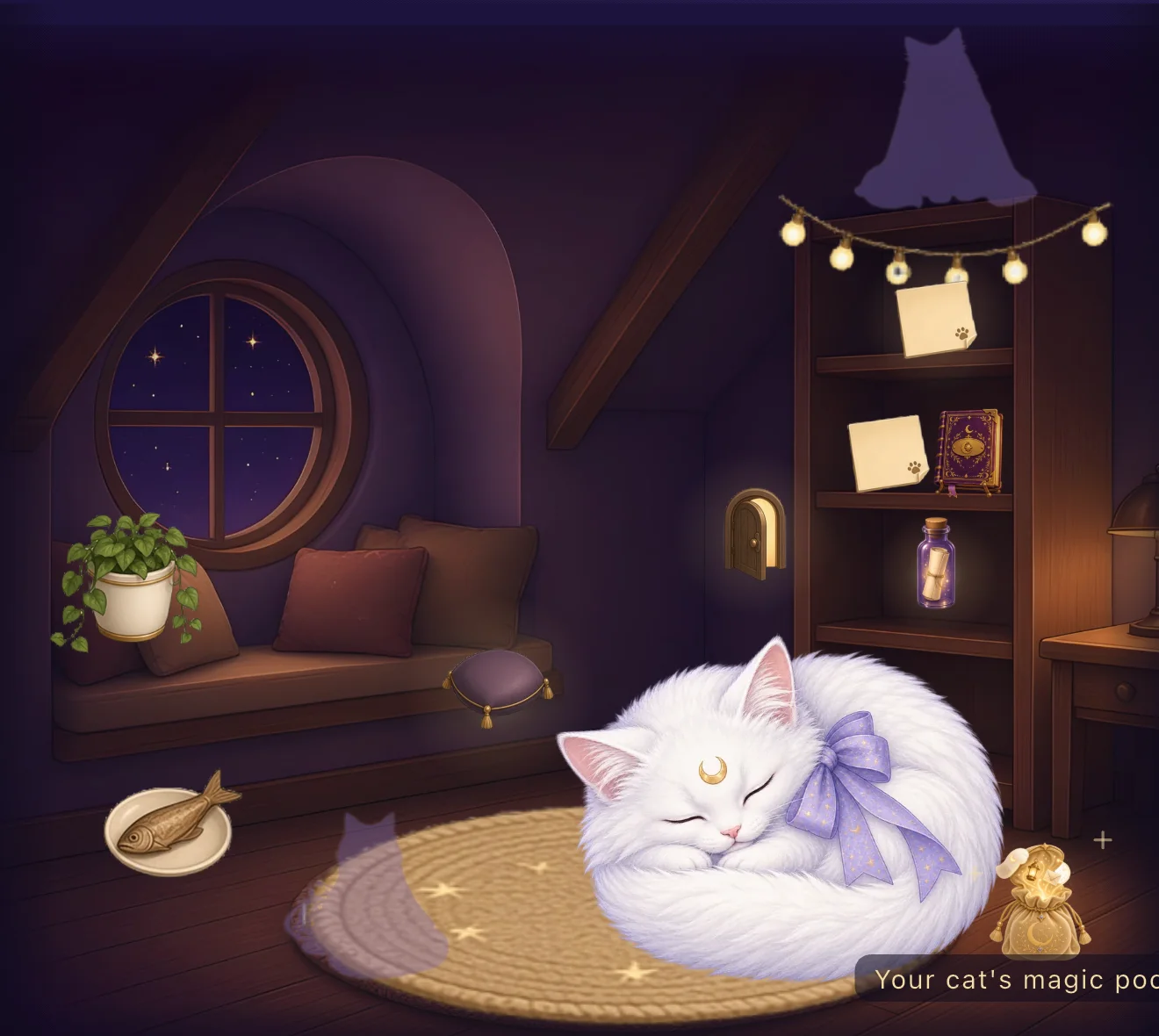 Our room: string lights, a shelf with letters, Luna on the round rug