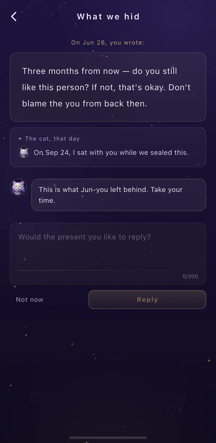 What we hid: the note from three months ago, and a box to reply to your past self