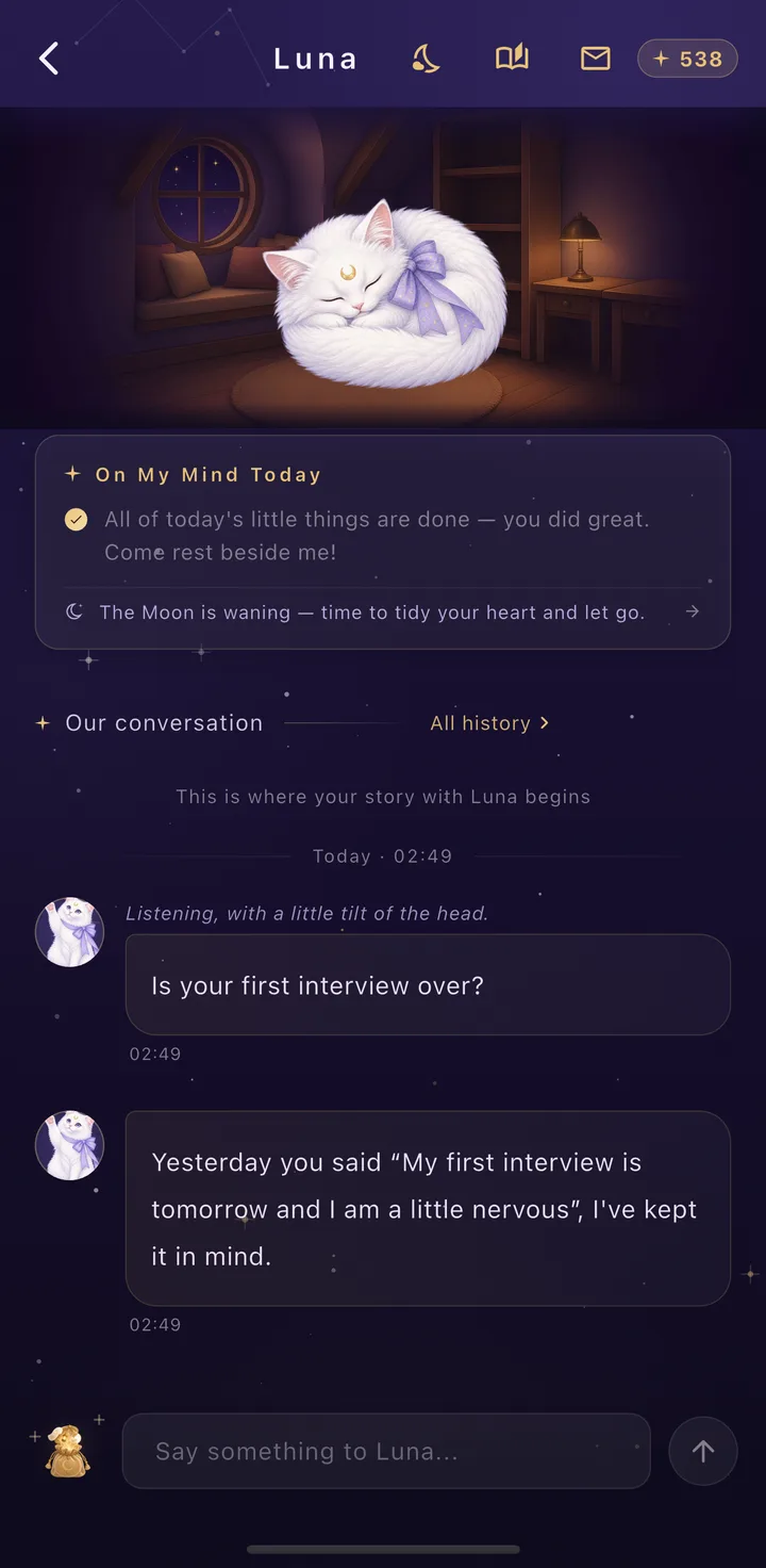 Luna asks how the first interview went, and quotes what you said yesterday
