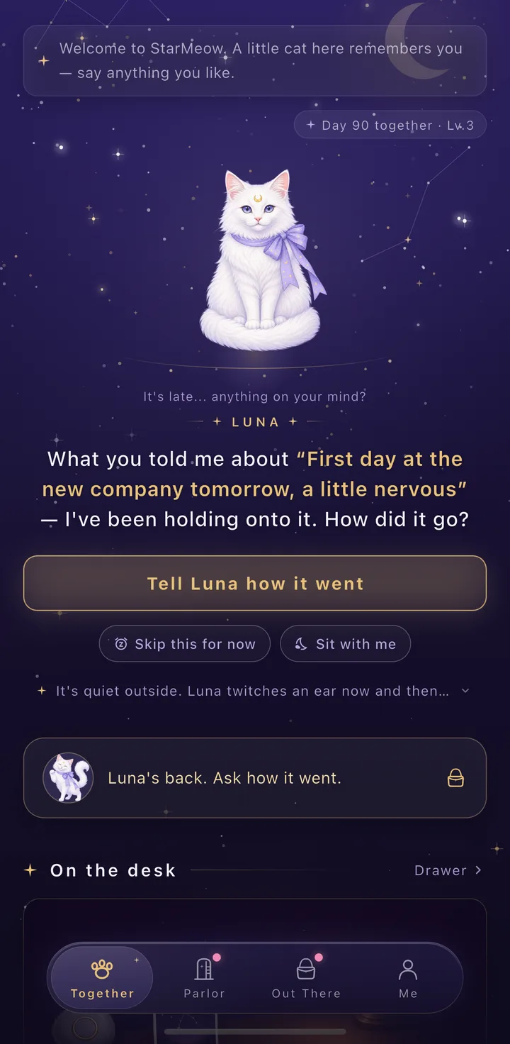 Together: Luna on the star field, “Welcome to StarMeow. A little cat here remembers you — say anything you like.”