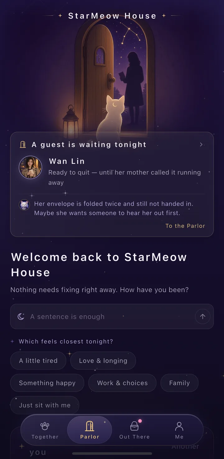 StarMeow House: a door onto the night, the cat waiting, “Tell me how you've been.”
