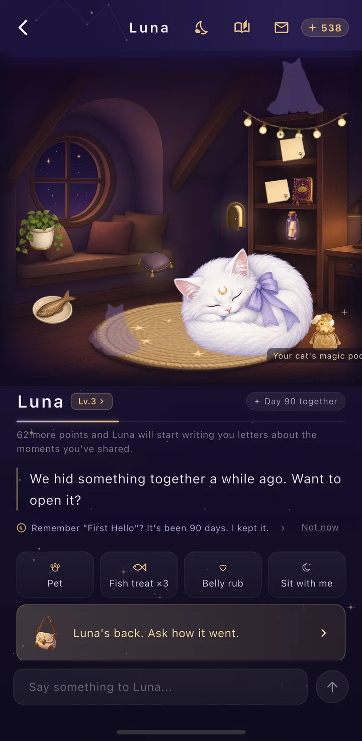 Our room: Luna on the rug, a round window onto the night, “We hid something together. Want to open it?”