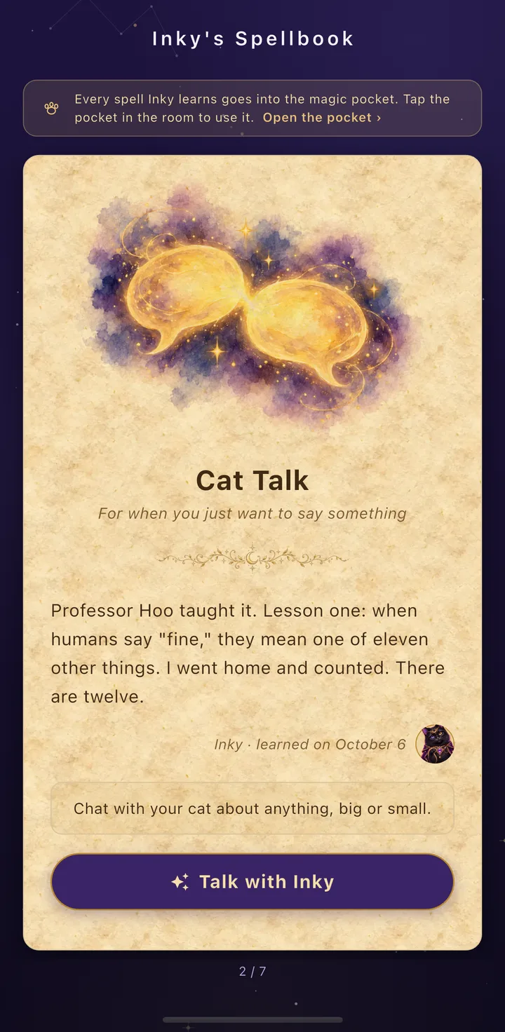 Inky's Spellbook: the page for Cat Talk, in Inky's own words